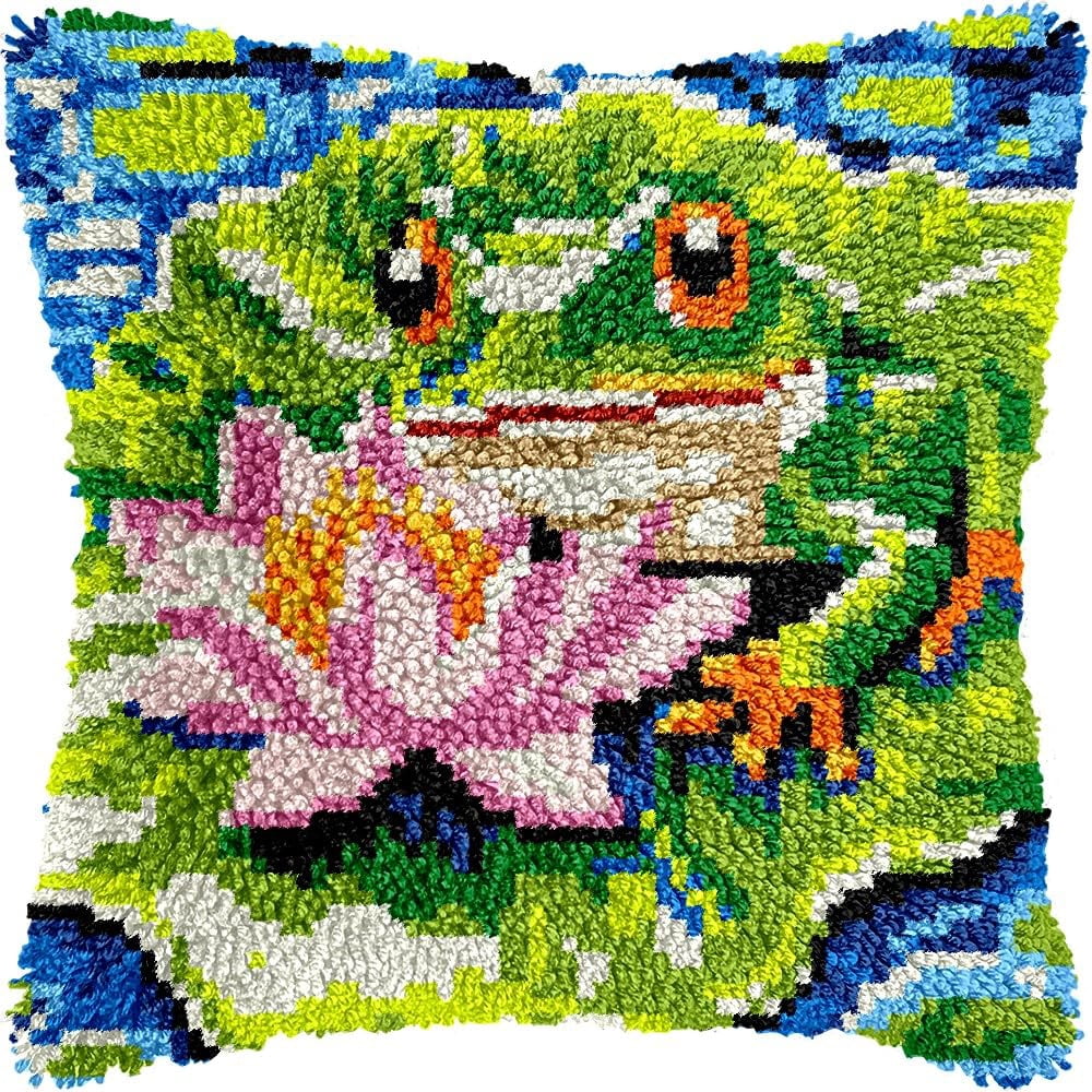 Frog & Waterlilies Latch Hook Kits Pillow kits Cushion Throw Pillow Embroidery Craft Kits DIY Kits of DIY Hooking Pillowcase Cover Supplier with Color Printed Canvas 43x43cm (104)