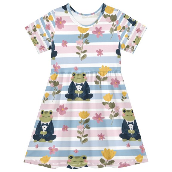 Frog Wearing A Tuxedo Pattern Girls Short Sleeve Dress A Line Sun Protection Breathable Comfort Sundress 4T