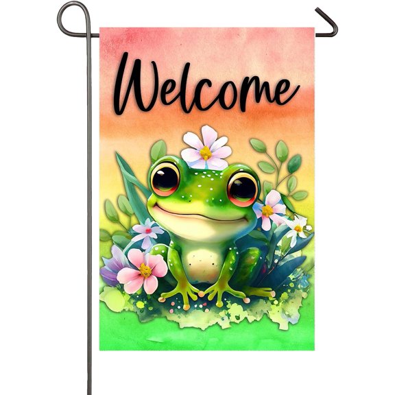 Frog Welcome Garden Flag 12x18 Inch Double Sided Vertical Burlap Yard Banner for Outdoor Seasonal Spring and Summer Decoration
