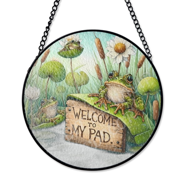Frog Welcome To My Pad, Suncatcher Stained Glass Style, UV Printed Glass, Amphibian Lover Gift, Round