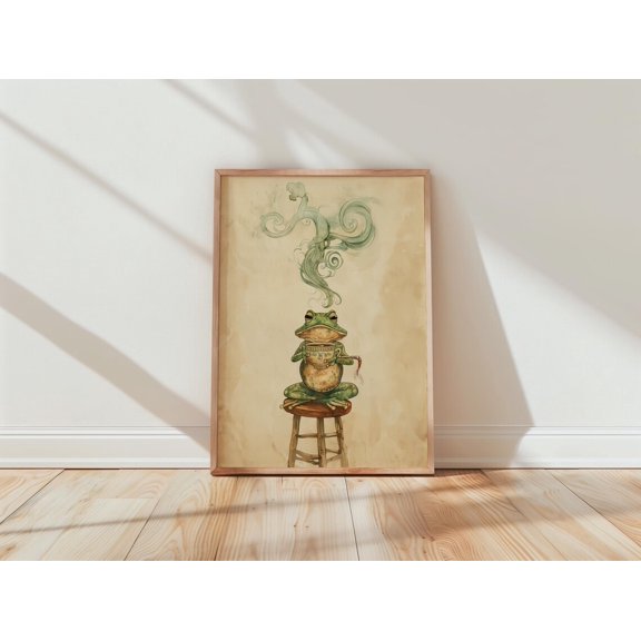 Frog Whimsical Green Frog Illustration Cozy Kitchen Poster Unframed Paper Print