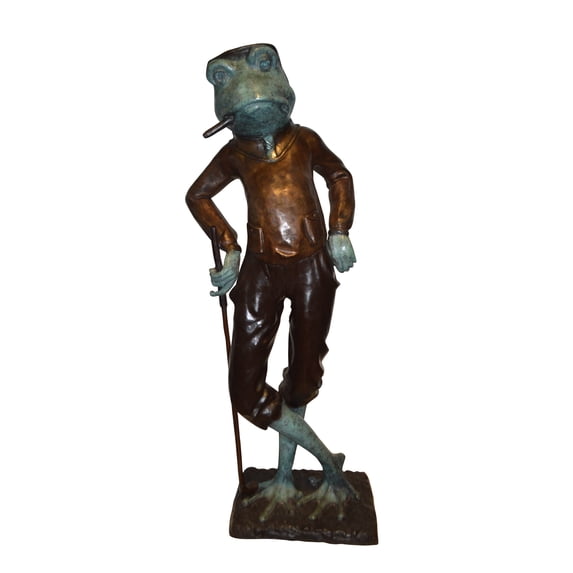 Nifao Frog With Cigar Plays Golf Bronze Statue – Garden Outdoor Decor Sculpture, 24"L x 15"W x 64"H