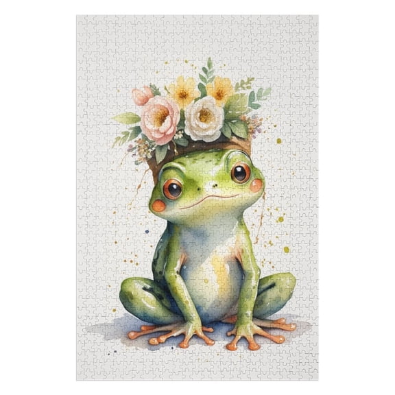 Frog With Flower Wreath 1000 Piece Jigsaw Puzzle for Adults, Cute Animal Puzzle for Spring or Easter, Relaxing Home Decor and Family Fun