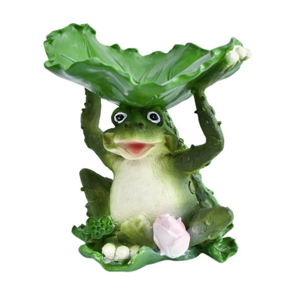 Frog With Lotus Leaf Bird Feeder, Resin Garden Statue For Outdoors, Holds Water Or Food, Decorative And Functional Yard Art, 14.5X16.5Cm