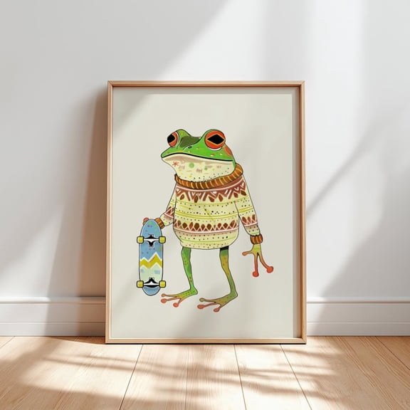 Frog With Skateboard Art Poster: Quirky Nursery Decor, Unframed Poster Size 8x12