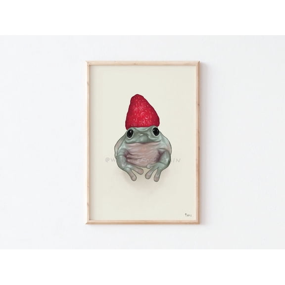 Frog With Strawberry Hat Wall Art Cute Kitchen Decor, Unframed Canvas Size 16x24