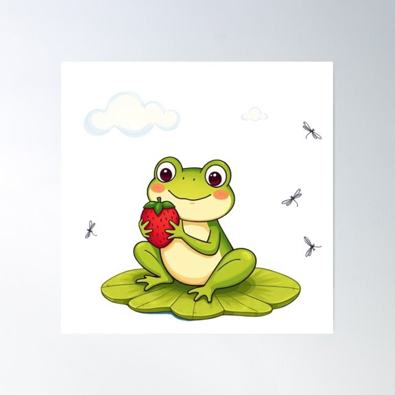 Frog With Strawberry Poster Wall Art, Modern Wall Decor, 24x24 UNFRAMED
