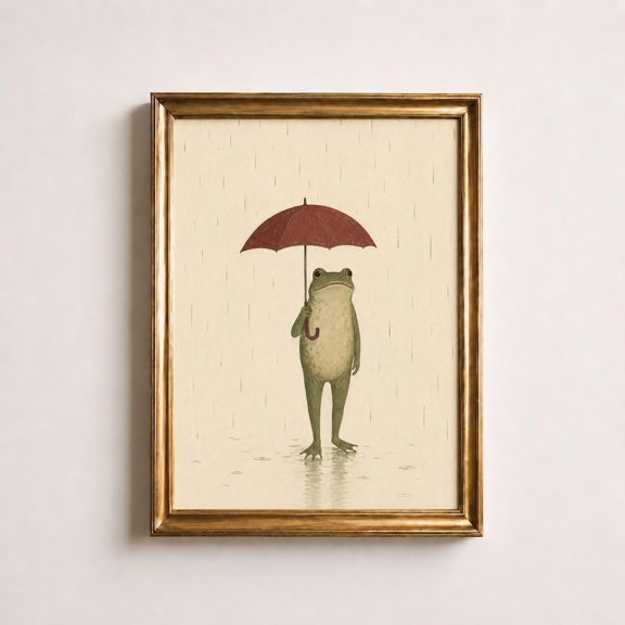 Frog With Umbrella Wall Art Print, Vintage Frog In Rain, Cream Nursery Whimsical Toad Cozy Entryway Decor