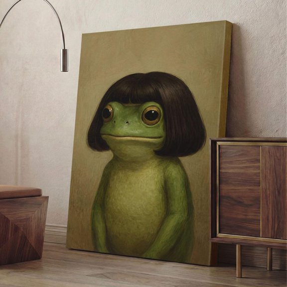 Frog With Wig Print Quirky Animal Wall Art Whimsical Toad Portrait Surreal Decor, Stretched Canvas 16x20in