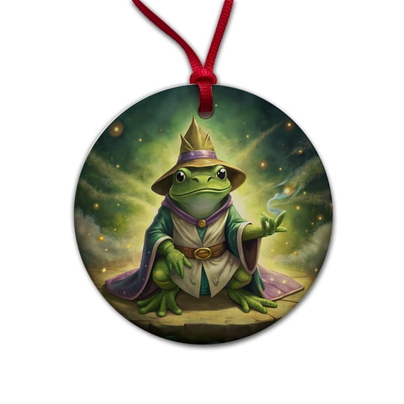 Frog Wizard Christmas Tree Holiday Round Ceramic Ornament
