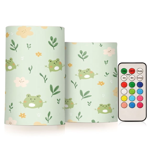 Frog and Flowers Flameless LED Candle Set with Remote, Battery Operated Color Changing Pillar Candles, Set of 2