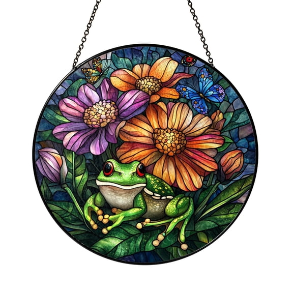 Frog and Flowers Stained Glass Suncatcher – Decorative Window Hanging