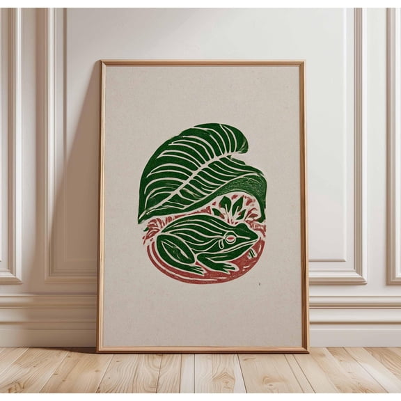 Frog and Leaf Linocut Print Botanical Animal Art Poster Earthy Minimalist Wall Decor HandC