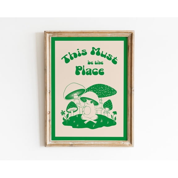 Frog and Mushroom Retro 70s Groovy Wall Art, Unframed Paper Poster 8x10in