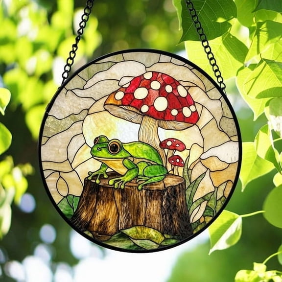 Frog and Mushroom Stained Glass Suncatcher, Whimsical Forest Decor, Nature Inspired Art, Cottagecore Home Accent, Gift for Nature Lover