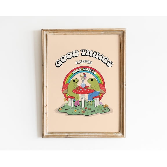 Frog and Toad Mushroom 70s Groovy Cottagecore Art, Unframed Canvas 8x10in