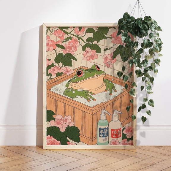 Frog in Bathtub Japanese Toad Aesthetic Wall Picture, Unframed Canvas 8x10in