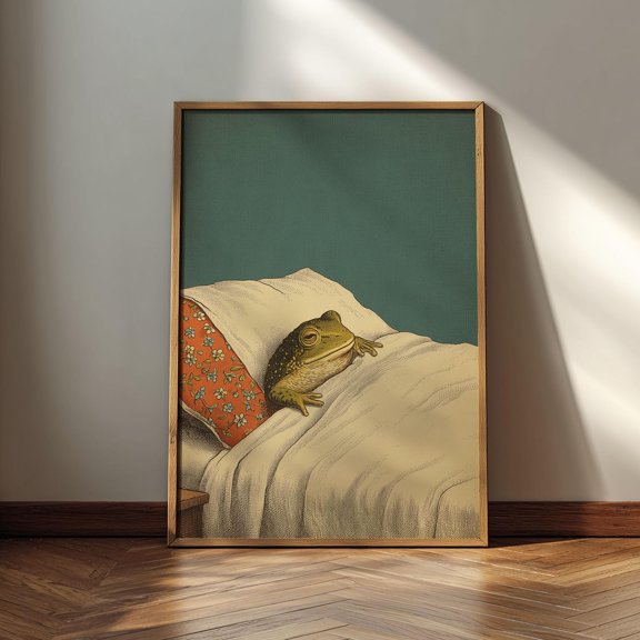 Frog in Bed Poster Retro Animal Print, Poster Only