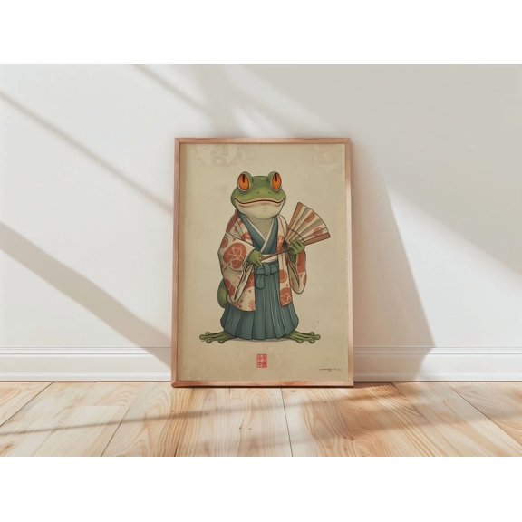 Frog in Kimono Japanese Animal Illustration Whimsical Green Orange Print, Unframed Poster