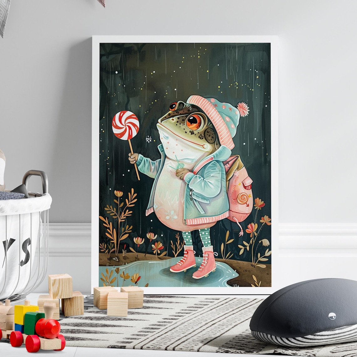 Frog in Raincoat Lollipop Wall Art Cute Nursery Decor, Stretched Canvas ...