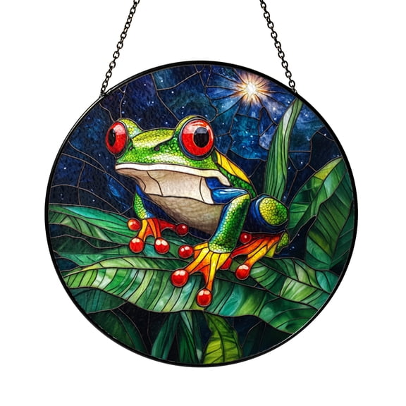 Frog in Rainforest Night Stained Glass Style Window Hanging