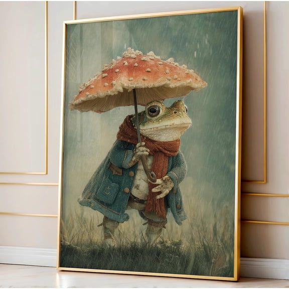 Frog in the Rain Art Whimsical Cottagecore Printable Moody Vintage Animal Wall Decor Nature, Unframed Paper Poster 8x10in