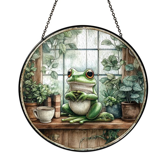 Frog on Bookshelf Stained Glass Suncatcher – Whimsical Window Art