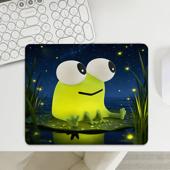 Frog on Lily Pad Mouse Pad 9.44 x 7.87 Inches - Cute Cartoon Design with Night Sky and Fireflies, Polyester Fiber for Desk Use