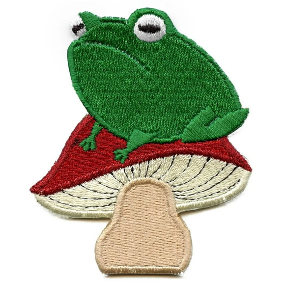 Frog on Mushroom Embroidered Iron On Patch