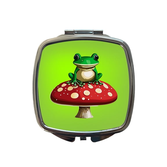 Frog on Red Toadstool Mushroom Travel Makeup Handbag Purse Small Pocket Compact Mirror