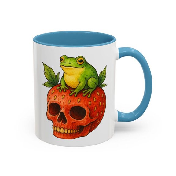 Frog on Strawberrkull Mug, WhimsiC1Al Amphibian Sitting on Fruit Skull Art, Cute Creepy Frog Lover Gift, Gothic CottagE1core Aesthetic Cup