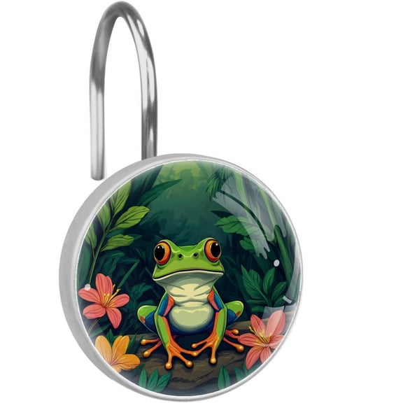 Frog on Tropical Rainforest Shower Curtain Hooks Round Crystal Glass, Set of 12 Shower Curtain Rings - Shower Hooks for Curtain Shower Rings