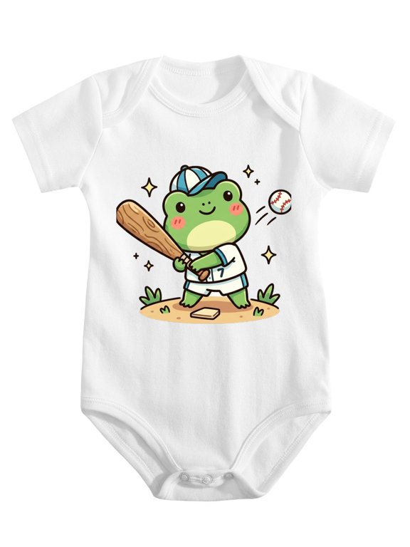 Frog playing baseball Baby Bodysuit, 100% Cotton Short Sleeve Snap Romper, 0-12 Months
