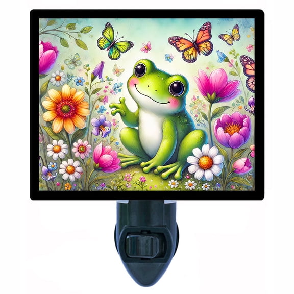 Frogs Garden Night Light Cute Green Frog with Butterflies and Wildflowers, Spring Nursery Dcor or Whimsical Kids Room Accent Includes Free Switchable Insert