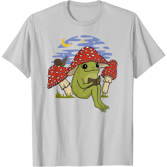 Frog with Mushroom Hat Cottagecore Goblincore Book Lover Unisex T-Shirt for Men Women Kids Toddler,Ice Grey Color,Size M