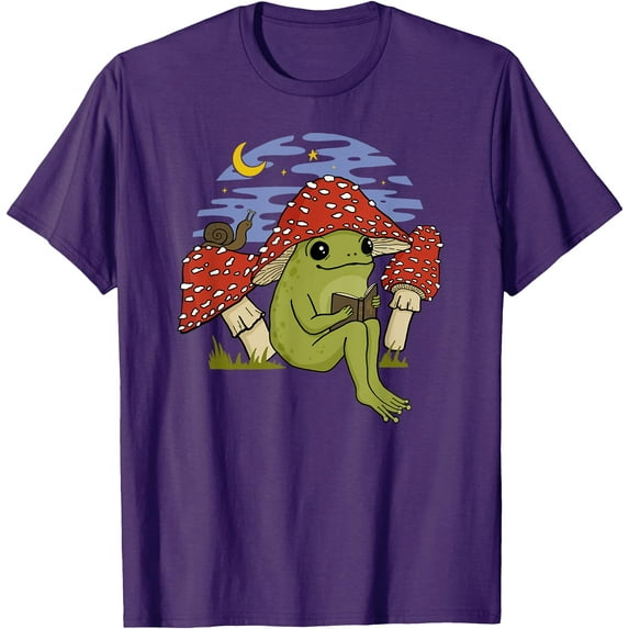 Frog with Mushroom Hat Cottagecore Goblincore Book Lover Unisex T-Shirt for Men Women Kids Toddler,Purple Color,Size YXS
