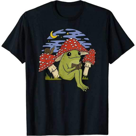 Frog with Mushroom Hat Cottagecore Goblincore Book Lover Unisex T-Shirt for Men Women Kids Toddler
