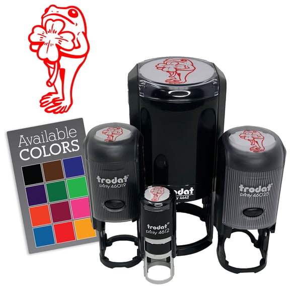 Frog with Shamrock Four Leaf Clover Self-Inking Rubber Stamp Ink Stamper for Stamping Crafting Planners - 1/2 Inch Mini - Red Ink