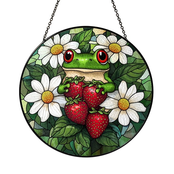 Frog with Strawberries Stained Glass Style Suncatcher, Whimsical Decorative Window Hanging Art