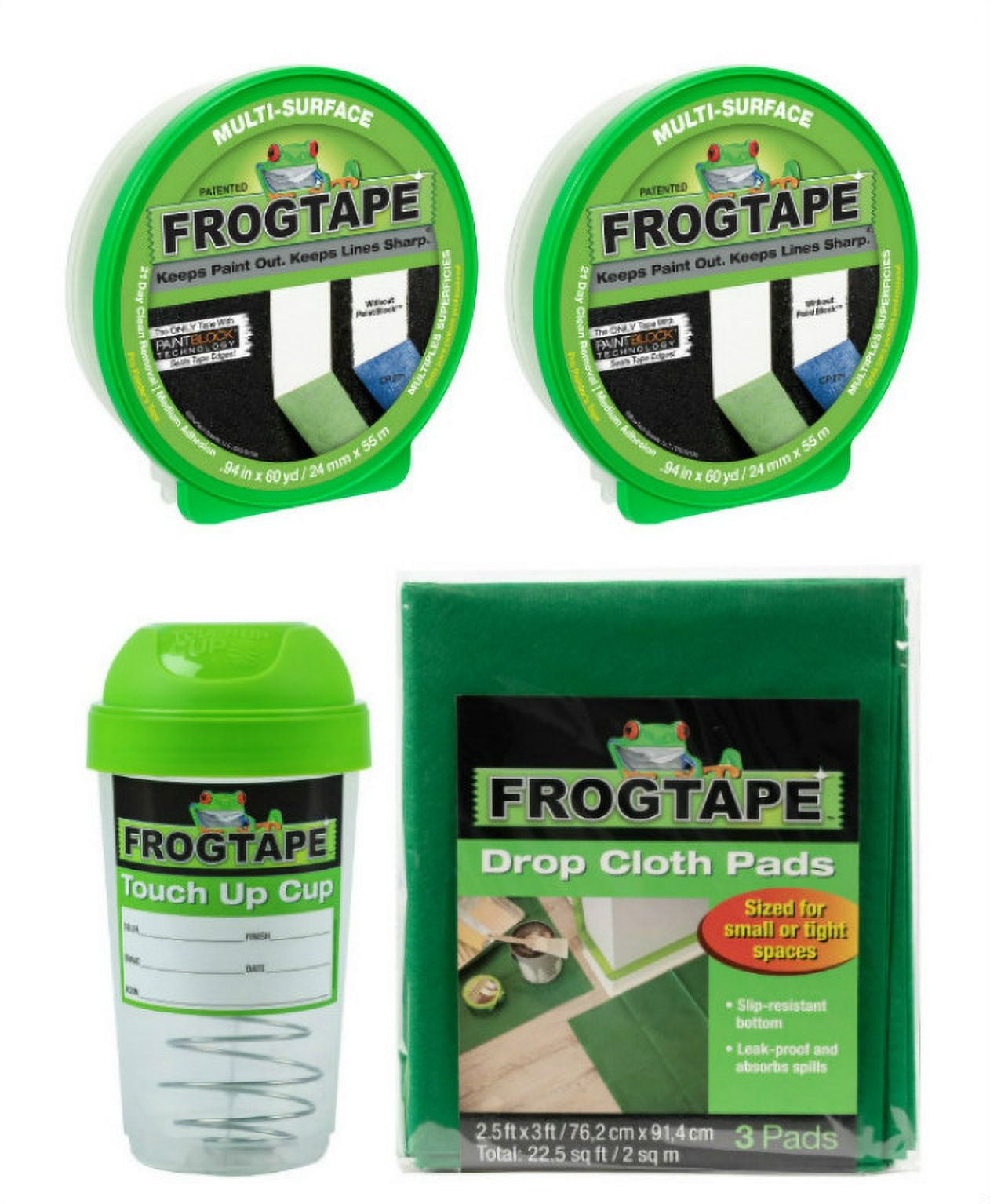 FrogTape Decorative Paint Project Prep Pack -- 2 Rolls Delicate Surface Painters  Tape, 1.41 in. x 60 yd., Touch up Storage Cup and 3 Drop Cloths 