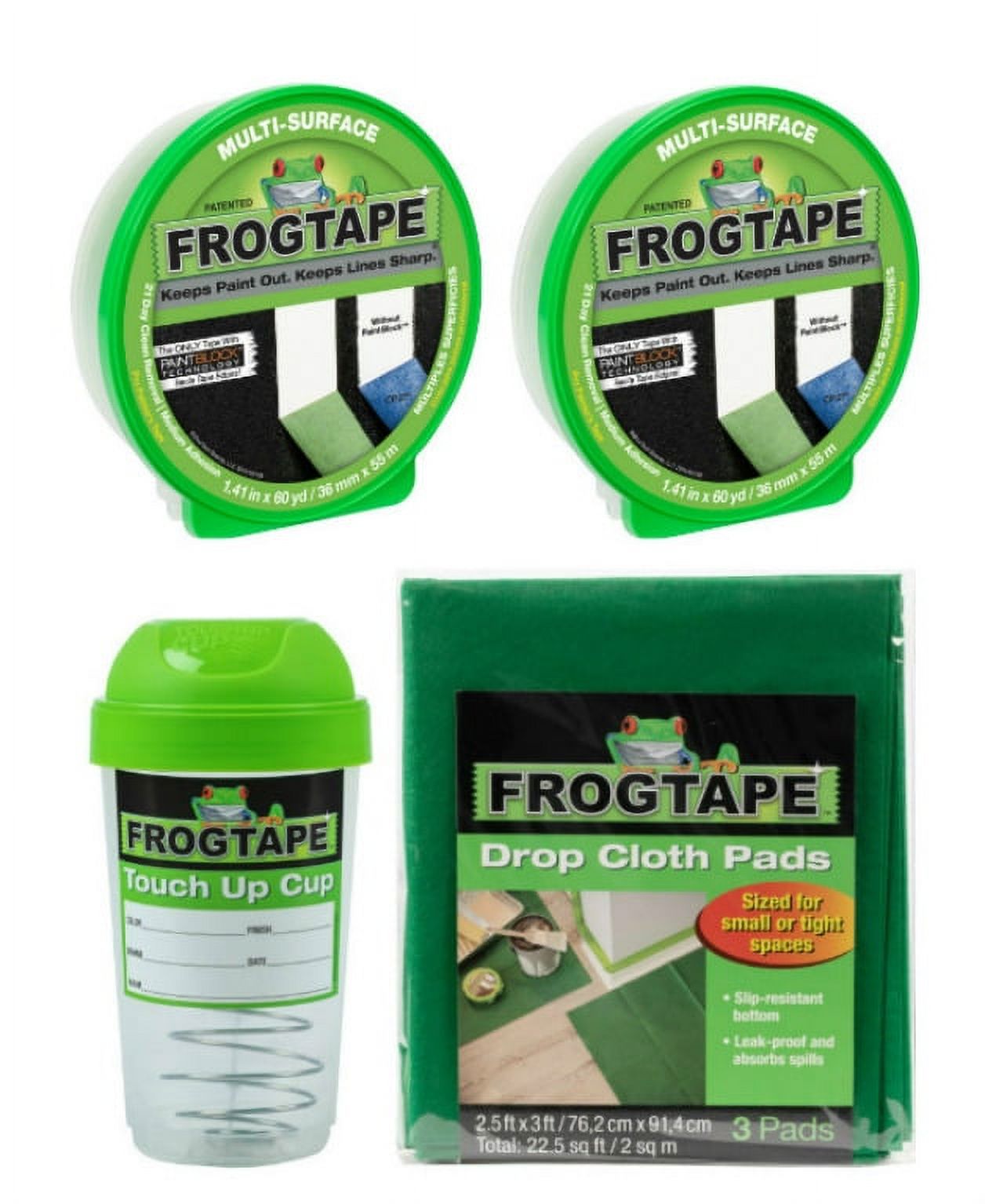 FrogTape Medium Paint Project Prep Pack -- 2 Rolls Multi-Surface Painters Tape, 1.41 in. x 60 yd., Touch up Storage Cup and 3 Drop Cloths - image 1 of 10