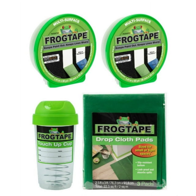 FrogTape Medium Paint Project Prep Pack -- 2 Rolls Multi-Surface Painters Tape, 1.41 in. x 60 yd., Touch up Storage Cup and 3 Drop Cloths