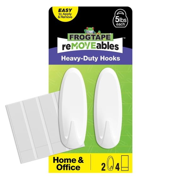 FrogTape reMOVEables Heavy-Duty Large Hook, White, 2 Hooks and 4 Strips