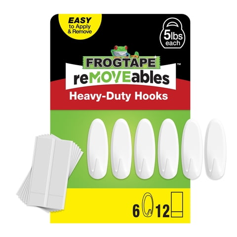 FrogTape reMOVEables Heavy-Duty Large White Hooks, 6 Hooks and 12 Adhesive Strips
