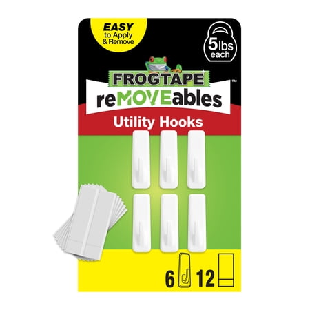 FrogTape reMOVEables Large White Utility Hooks, 6 Hooks and 12 Adhesive Strips