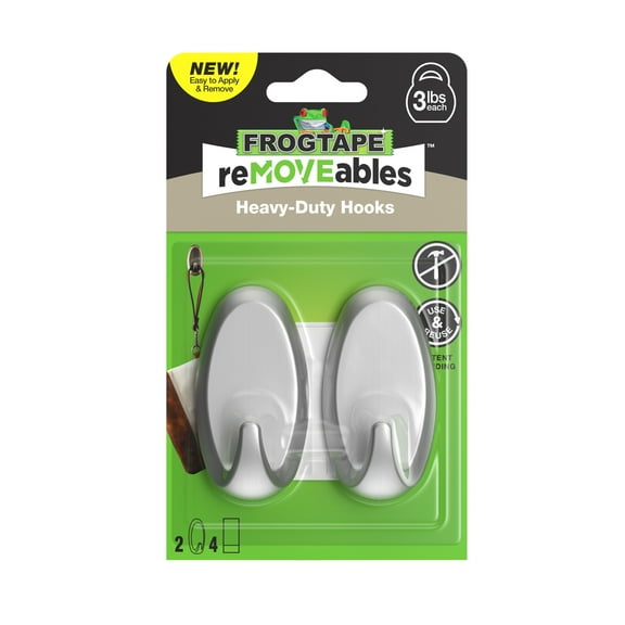FrogTape reMOVEables Medium Brushed Nickel Heavy Duty Hooks, 2 Hooks and 4 Adhesive Strips