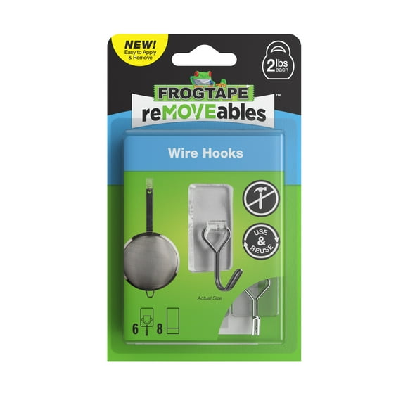 FrogTape reMOVEables Medium Clear Wire Hooks, 6 Hooks and 8 Adhesive Strips