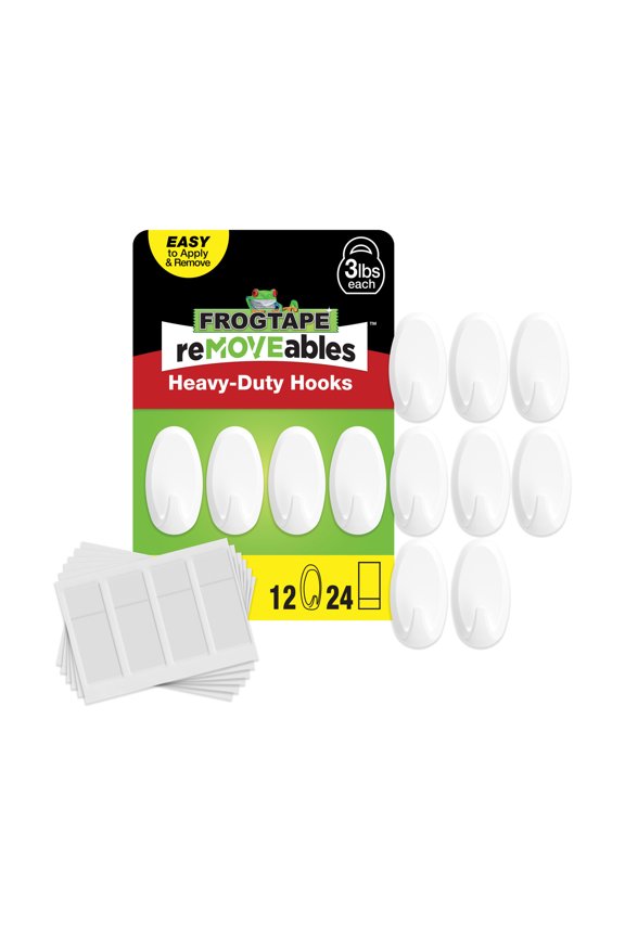FrogTape reMOVEables Heavy-Duty Medium White Hooks, 12 Hooks and 24 Adhesive Strips