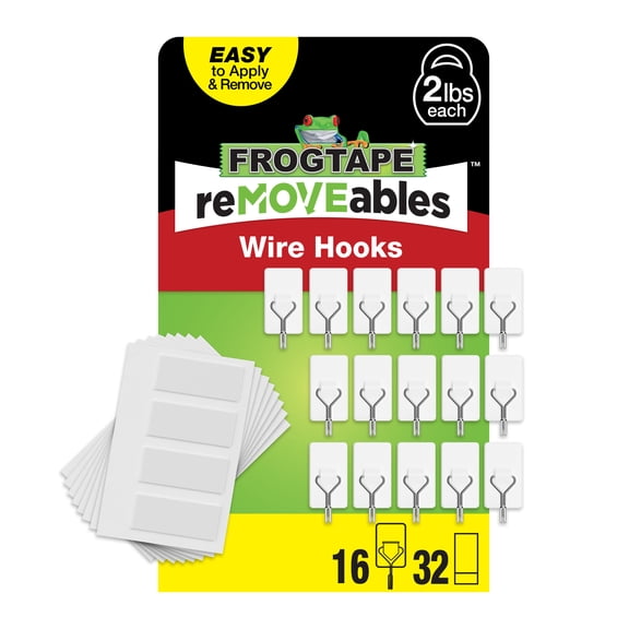 FrogTape reMOVEables Medium White Wire Hooks, 16 Hooks and 32 Adhesive Strips