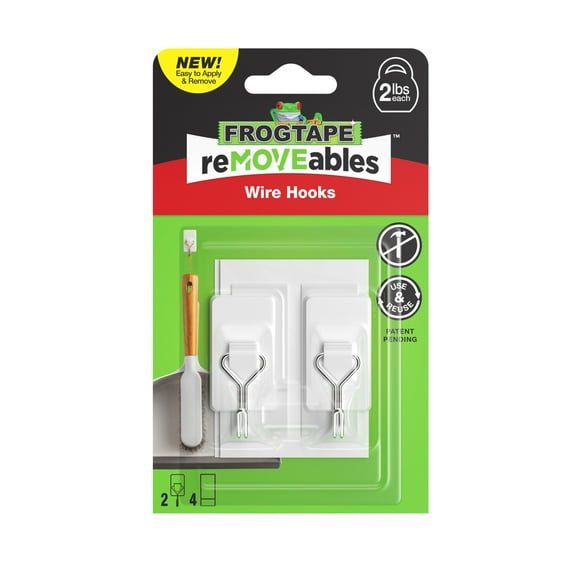 FrogTape reMOVEables Medium White Wire Hooks, 2 Hooks and 4 Adhesive Strips